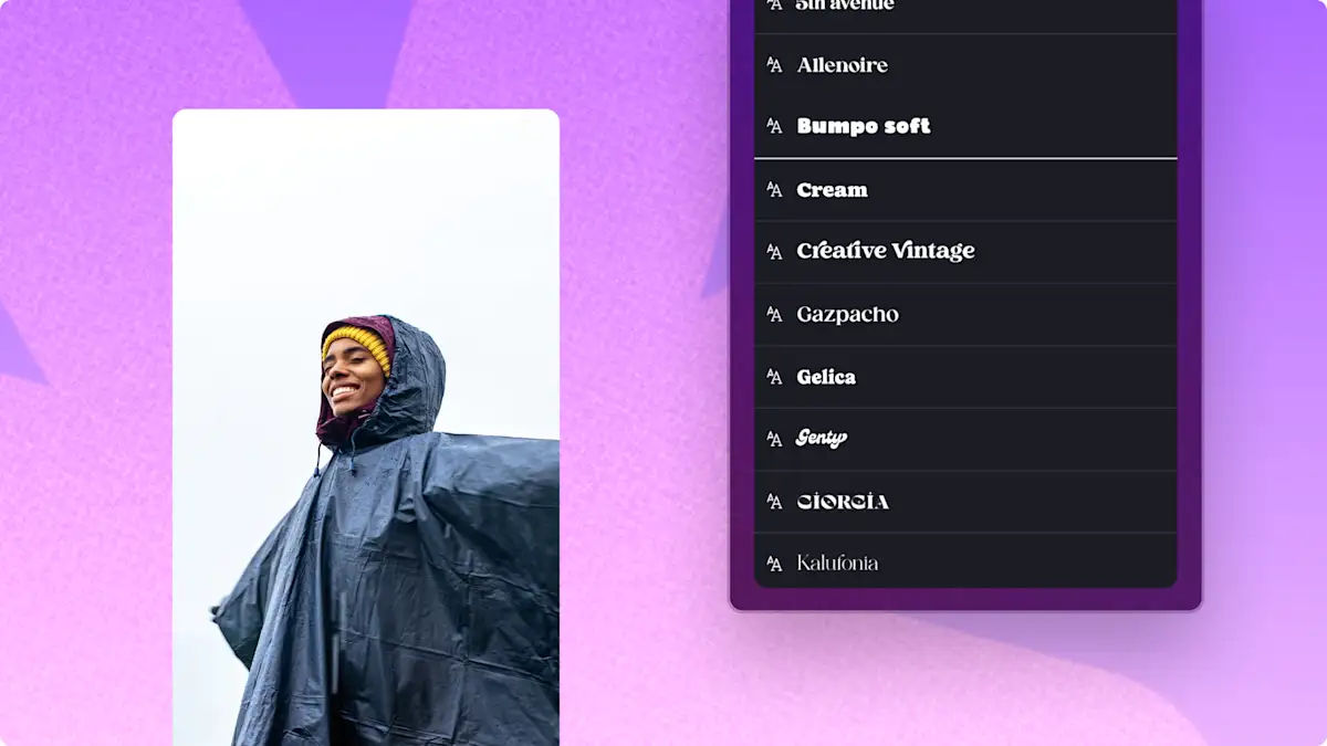 A photo of an abstract dropdown menu displaying the Microsoft Designer fonts available in the Clipchamp video editor.