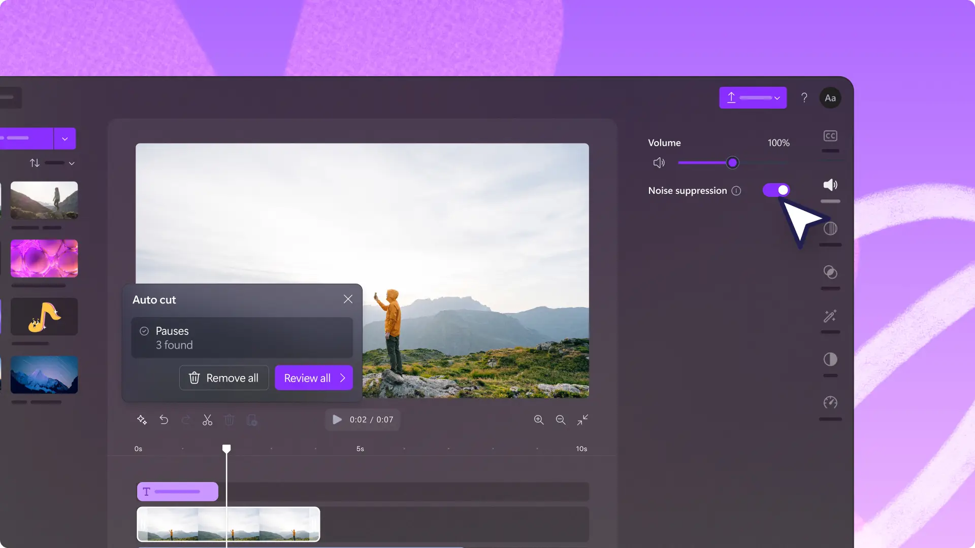 An image showcasing the audio features in Clipchamp, such as volume booster, AI noise suppression and AI silence removal.