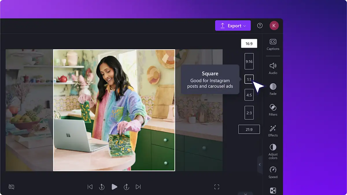 An image of a user editing the aspect ratio of a video in Clipchamp. 