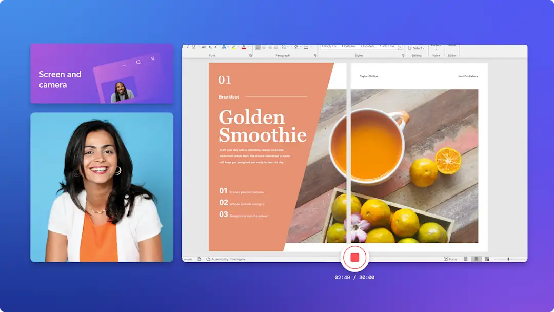 An image of a woman using Clipchamp's screen and camera recorder feature.