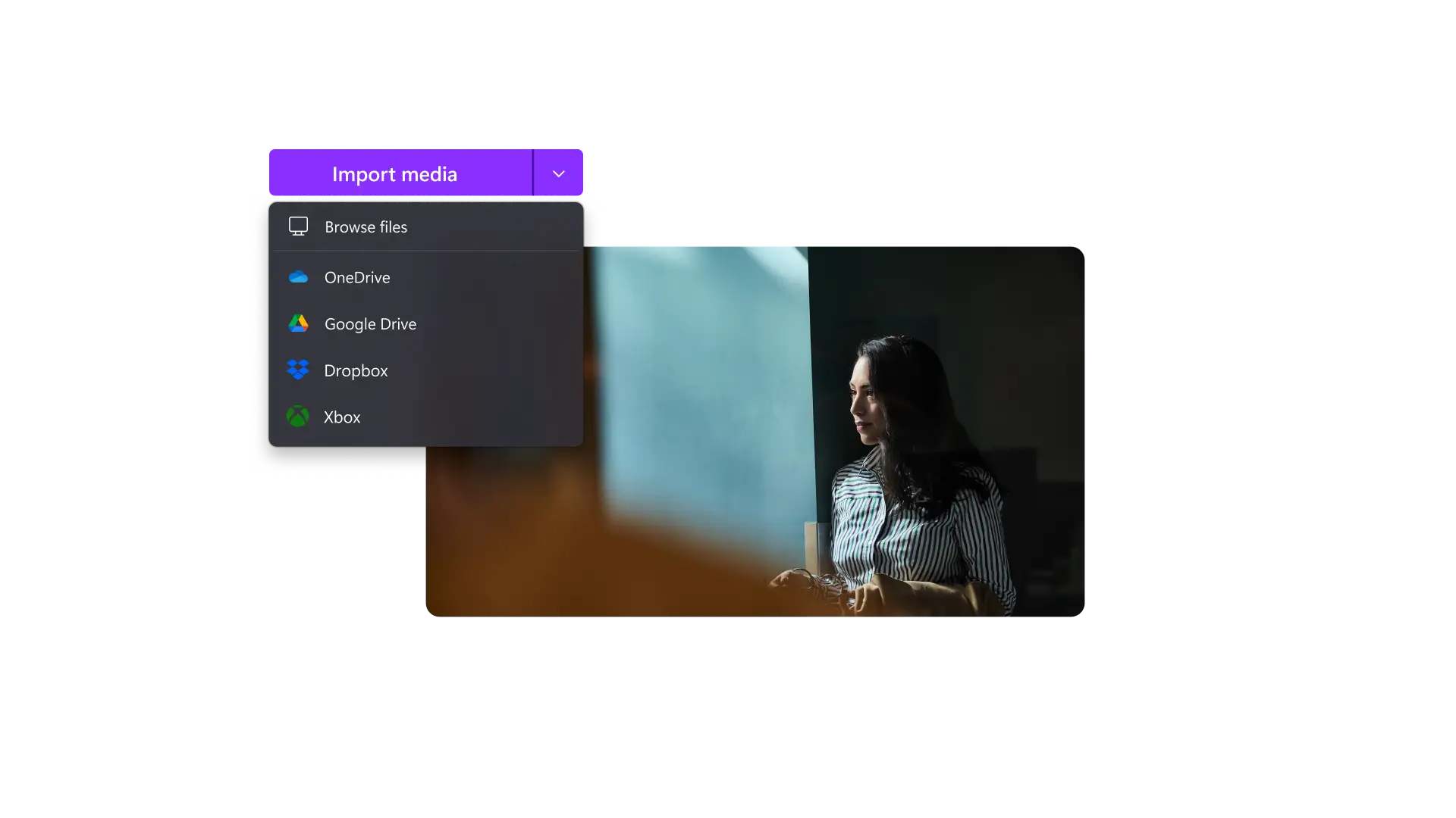 Image showing how to add a video to Clipchamp using upload feature or cloud integrations